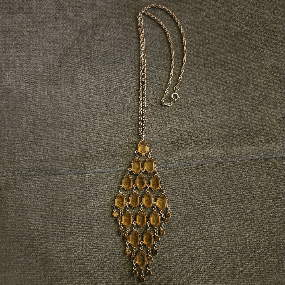 VTG Art Deco 4” Long Pendant & Necklace MCM Amber Glass Rhinestones